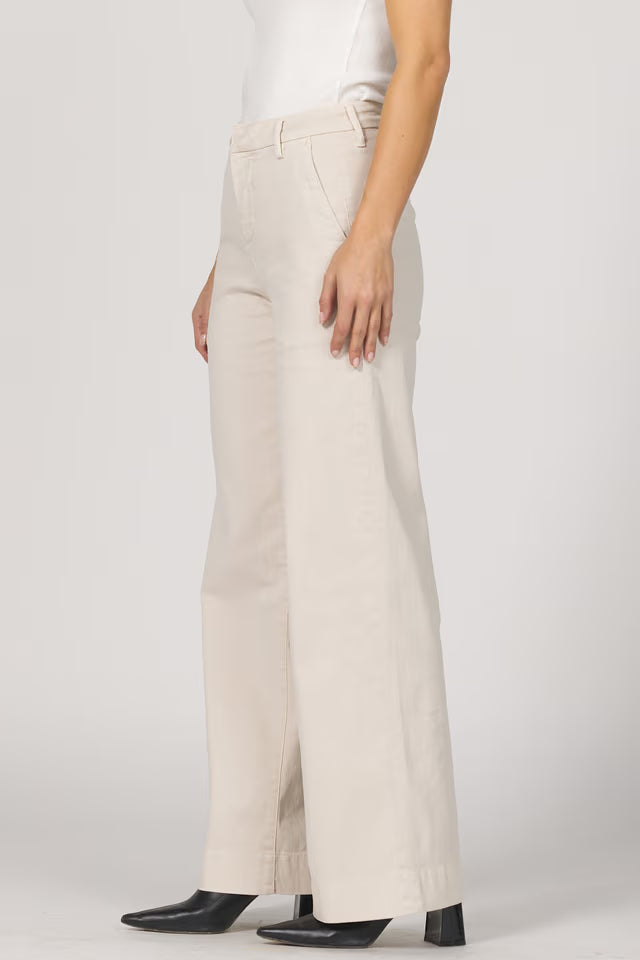Beige wide-leg pants worn by a person on a white background