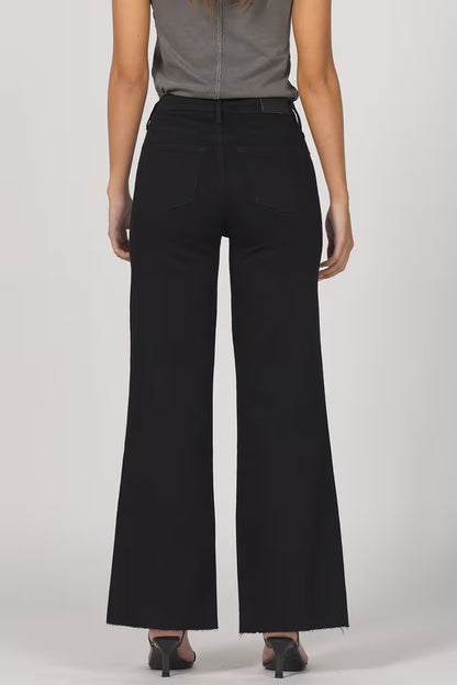 Person wearing black wide-leg pants on a plain background