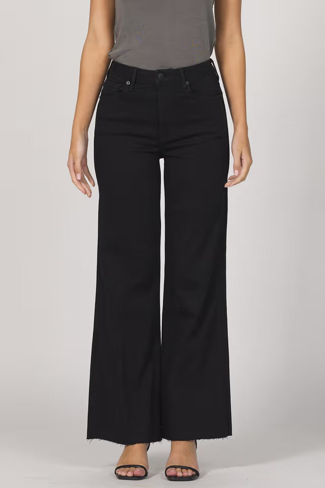 Person wearing black wide-leg jeans on a plain background