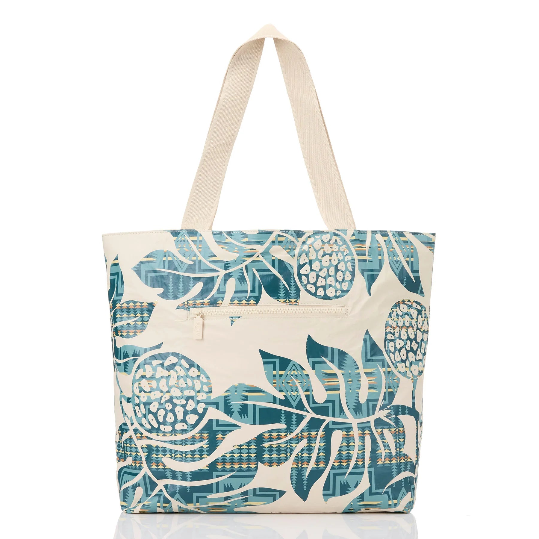 Tote bag with blue and white leaf pattern on a white background