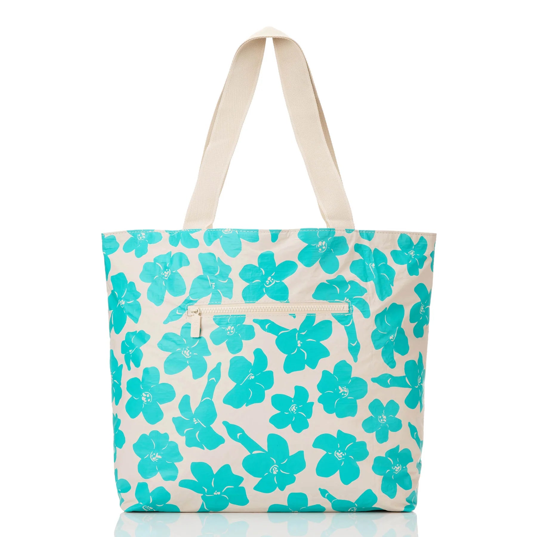 Tote bag with turquoise floral pattern on a white background