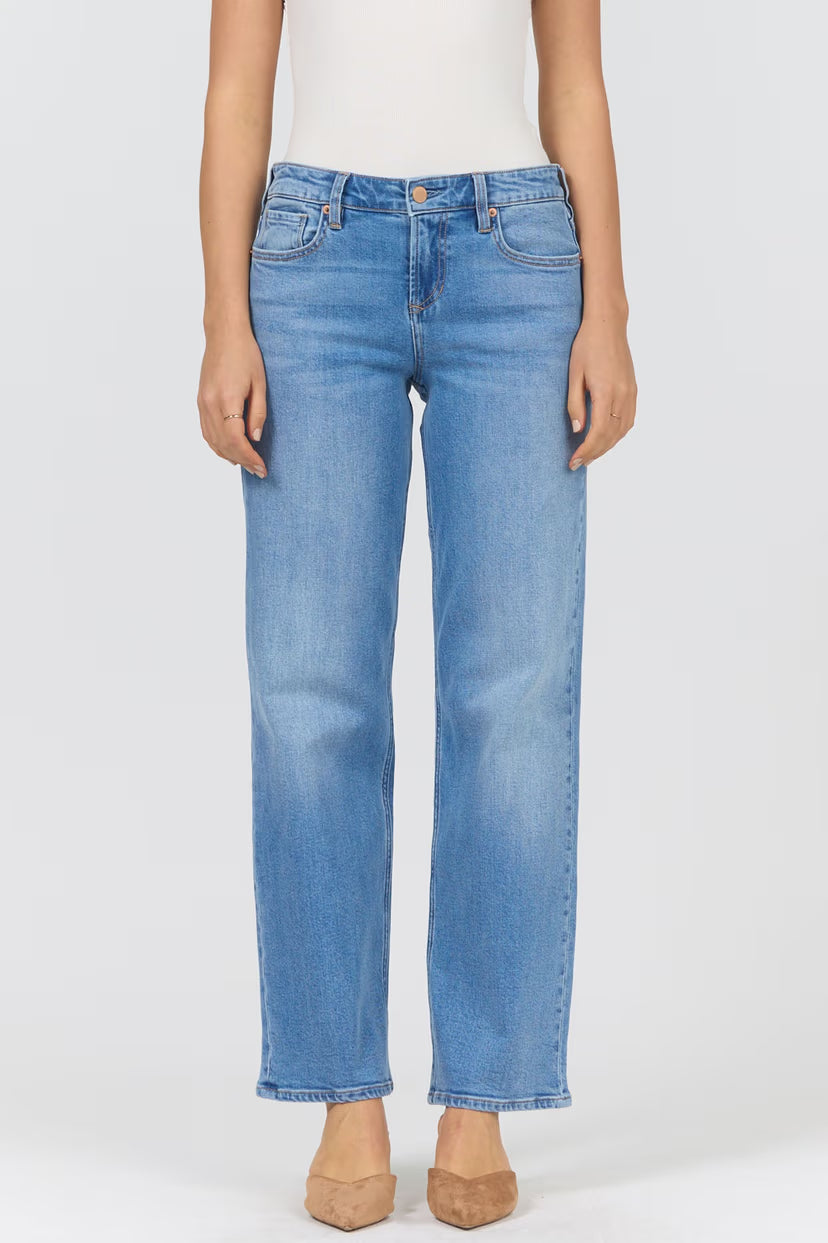 person wearing medium wash jeans