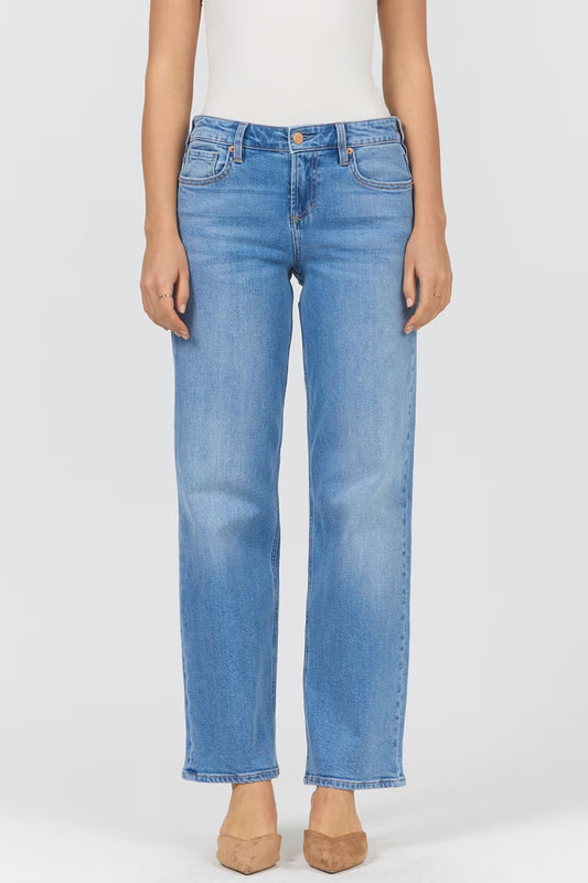 person wearing medium wash jeans