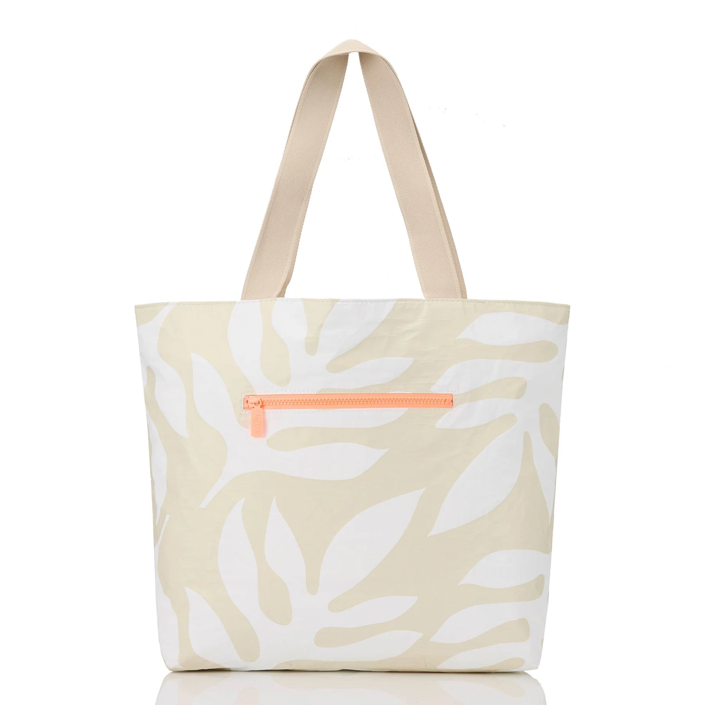 Tote bag with leaf pattern and orange zipper on a white background