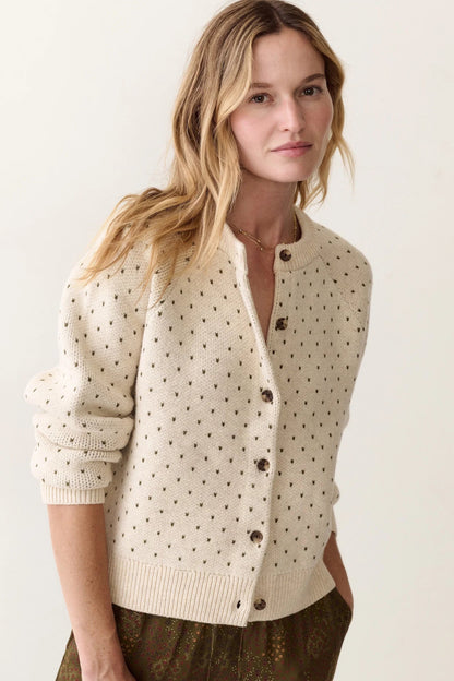 A woman wearing a cream-colored knit cardigan with small brown polka dots and dark brown buttons, paired with a brown patterned skirt, against a plain off-white background.