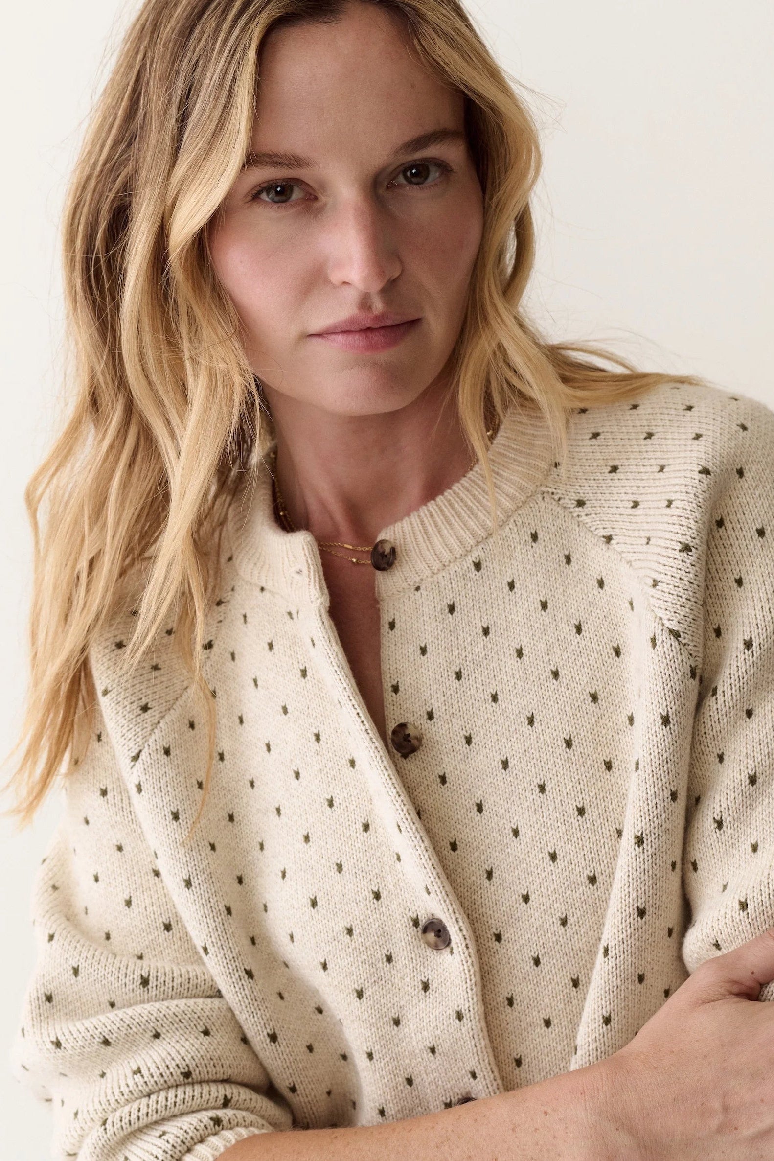 A close-up of a woman wearing a cream-colored knit cardigan with small dark brown polka dots and dark brown buttons, set against a plain off-white background.