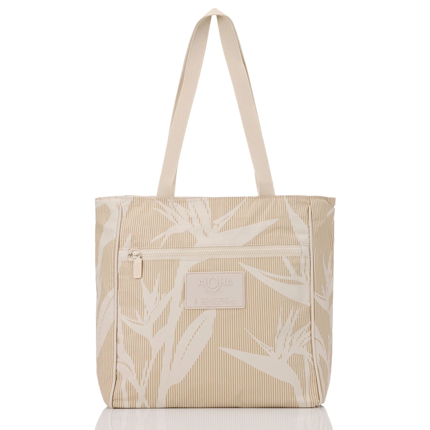 Beige tote bag with leaf pattern on a white background