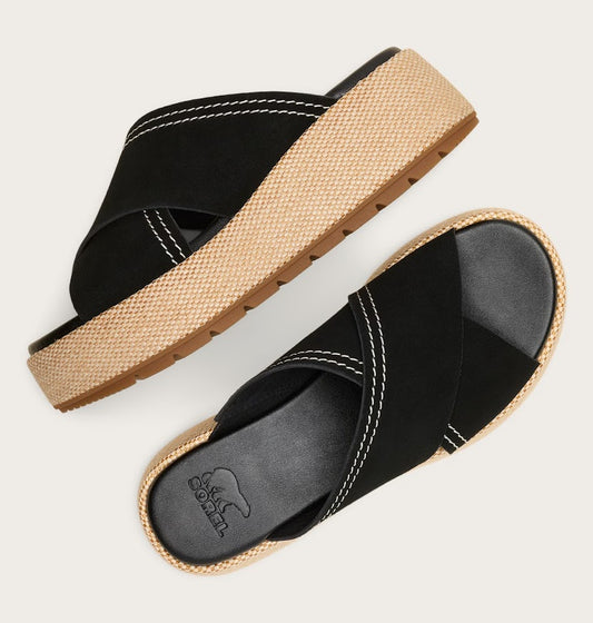 Black sandals with tan soles on a light gray background