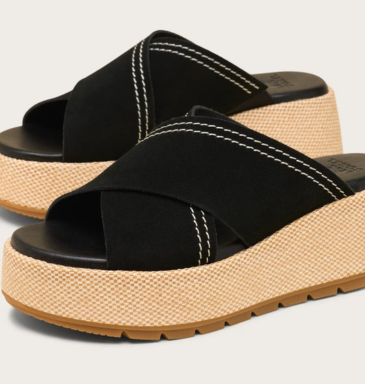 Black sandals with beige soles on a light gray background