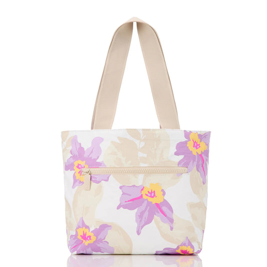 Floral-patterned tote bag on a white background