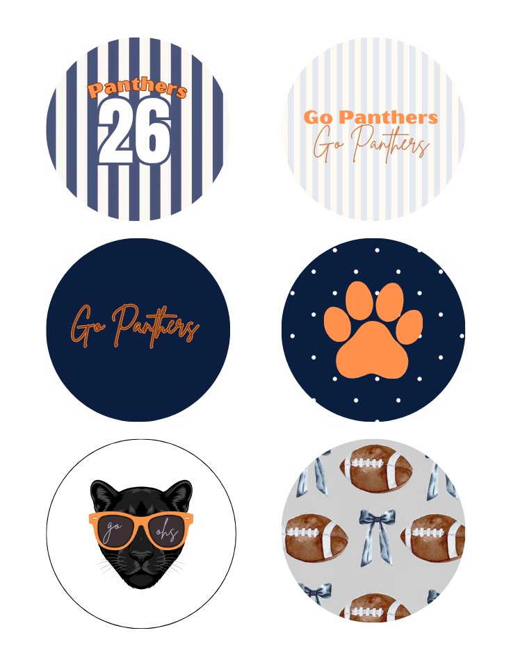 Six circular graphic designs with panthers-themed graphics, including navy and white stripes with the number 26, 'Go Panthers' text, a navy paw print, a panther face in sunglasses, and footballs on a gray background.