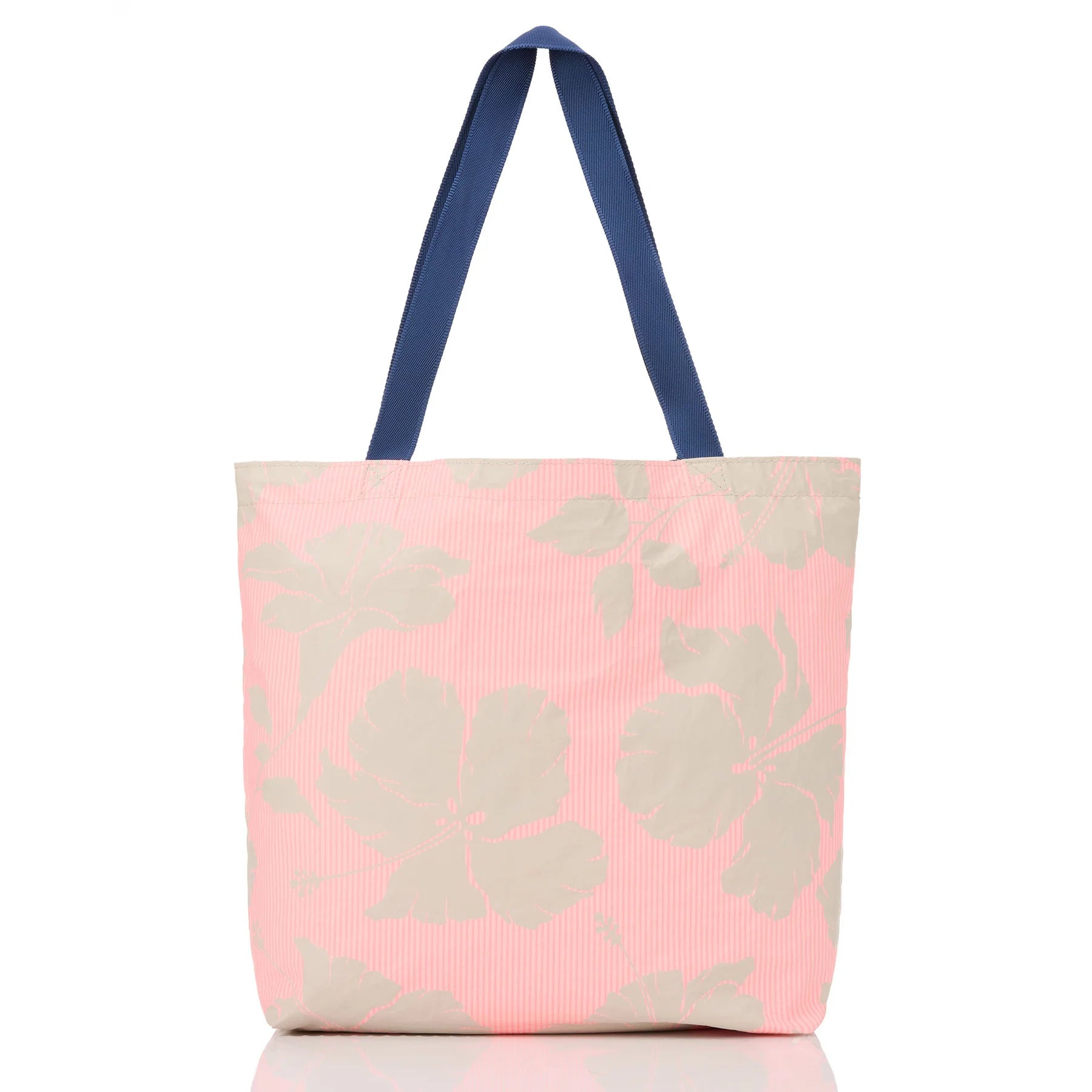 Tote bag with pink floral pattern and blue handles on a white background