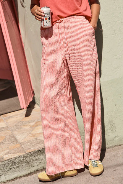 Seersucker Drawstring Wide Leg Pant