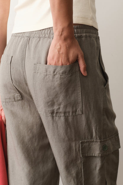 close up of linen cargo pants