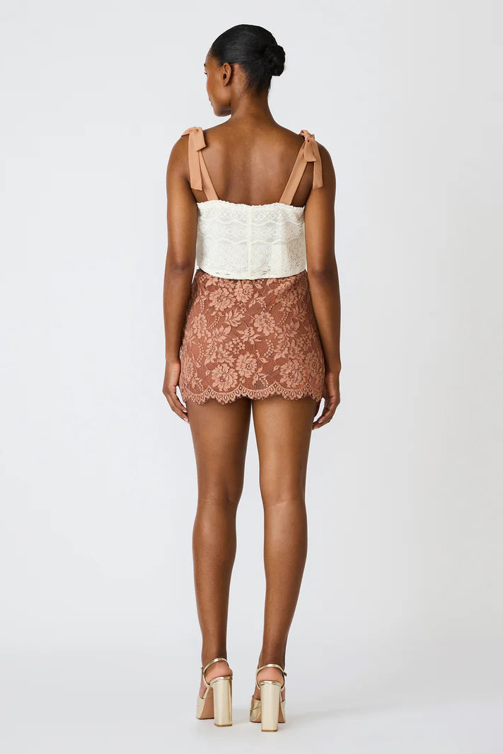 Woman wearing a white lace top and brown lace skirt on a white background