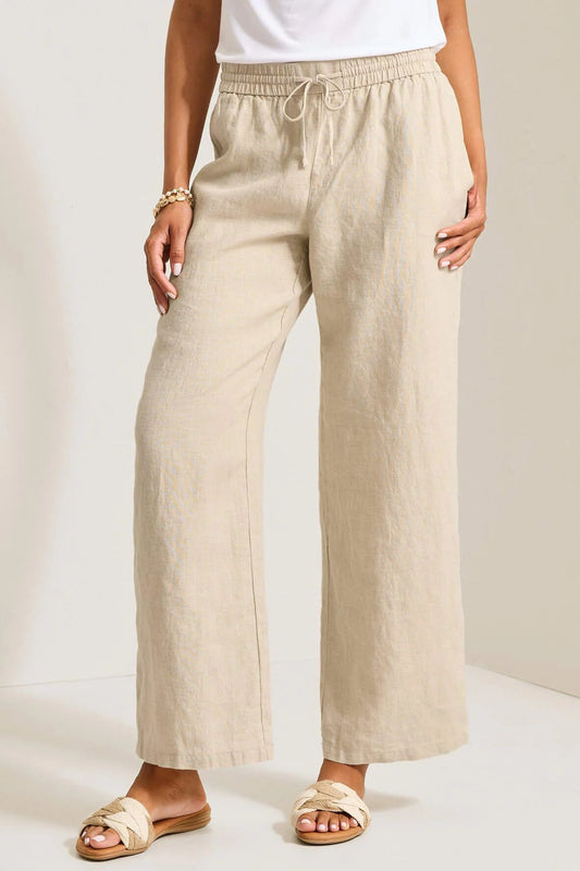 woman wearing linen pants with drawstring in natural color