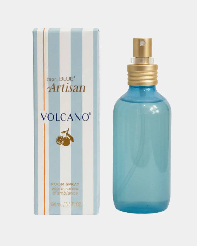 Capri Blue Artisan Volcano room spray bottle and packaging on a white background