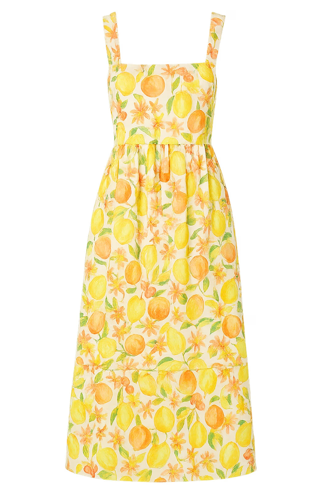 yellow dress with fruit print