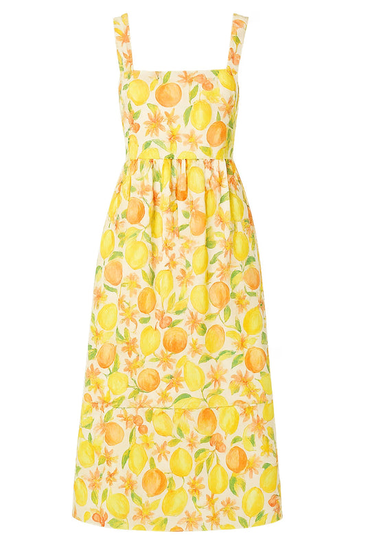 yellow dress with fruit print