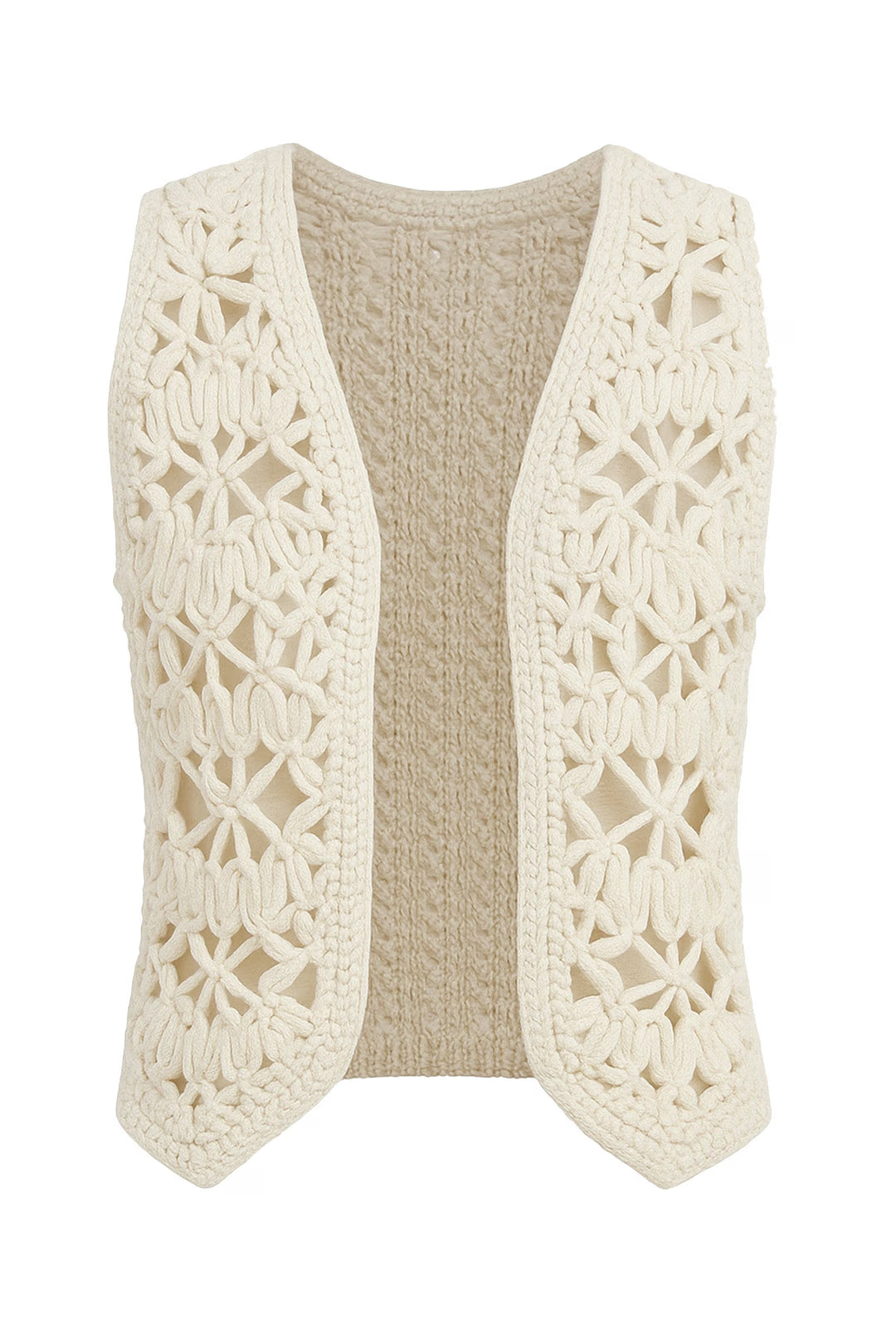 cream crochet vest on white background