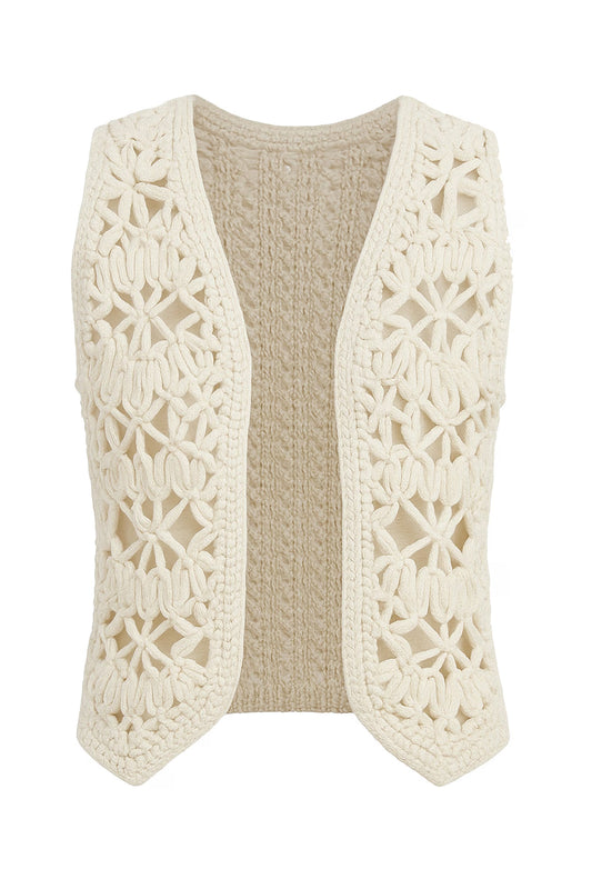 cream crochet vest on white background