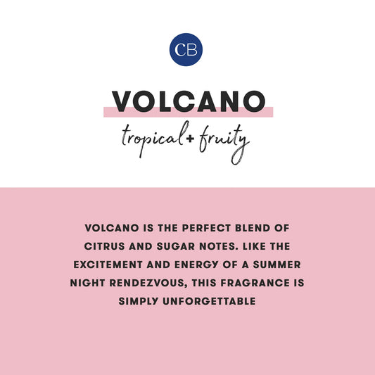 Product packaging for 'Volcano' fragrance with brand logo and description on a pink background.