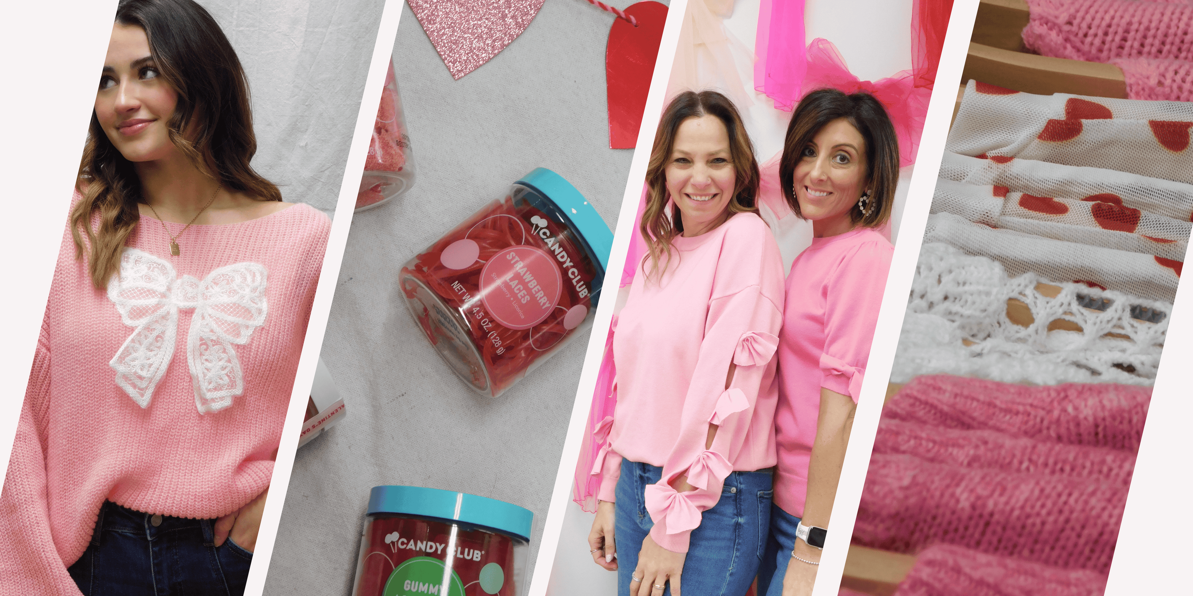 Collage of a woman wearing a pink sweater with a bow, pink products, and pink-themed packaging.