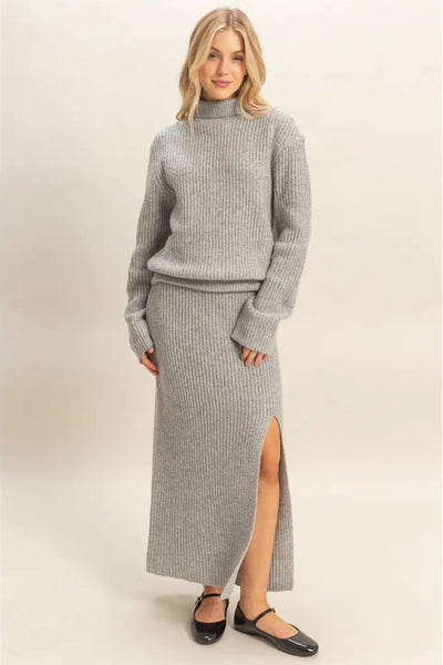 Ribbed Side Slit Sweater Skirt
