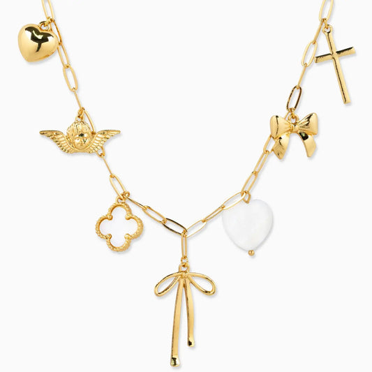 Gold Multi Bow Charm Necklace on white background