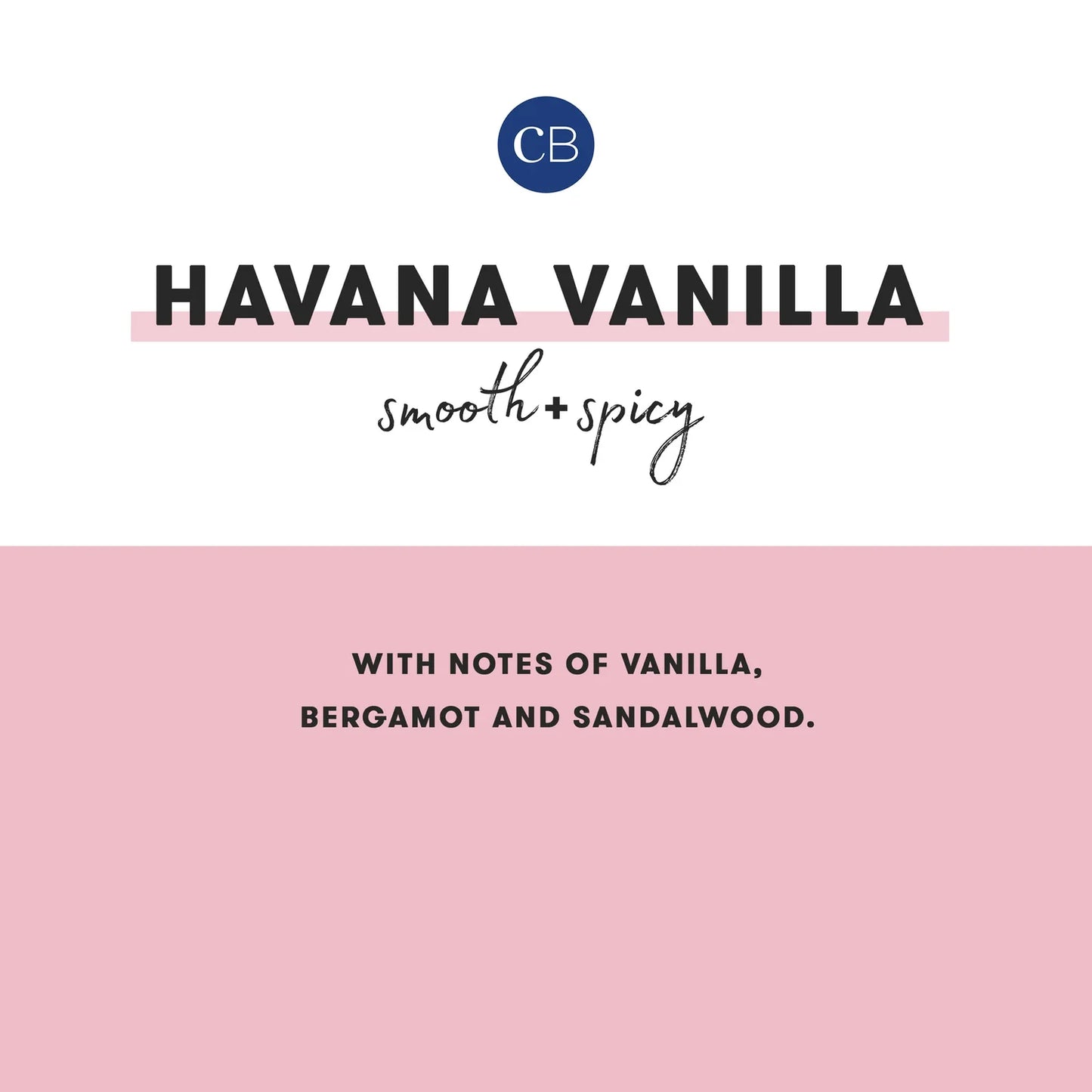 Product label for 'Havana Vanilla' with brand logo and description on a pink background