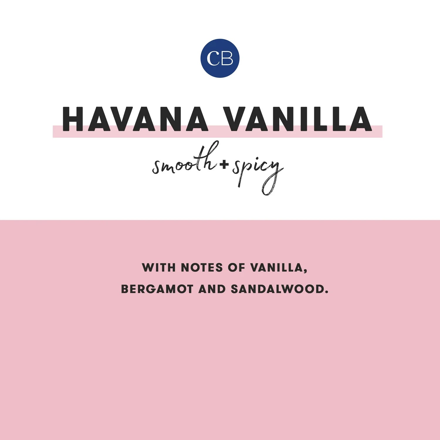 Product label for 'Havana Vanilla' with brand logo and description on a pink background