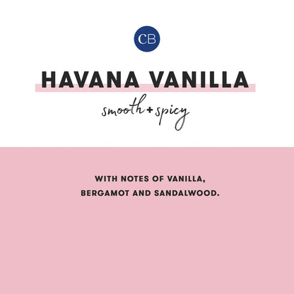 Product label for 'Havana Vanilla' with brand logo and description on a pink background