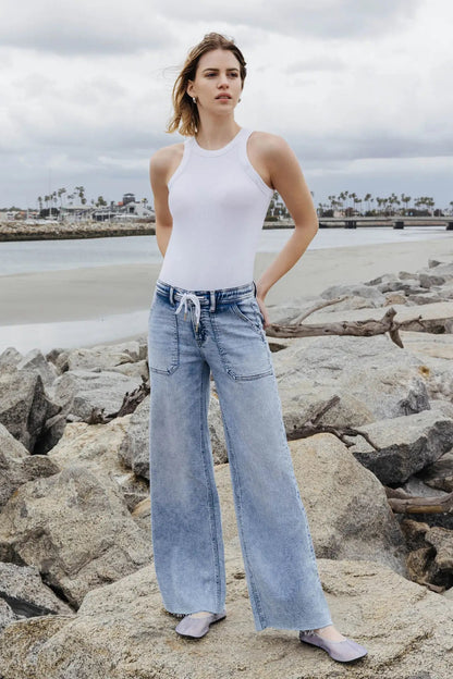 High Rise Drawstring Waistband Wide Leg Jeans