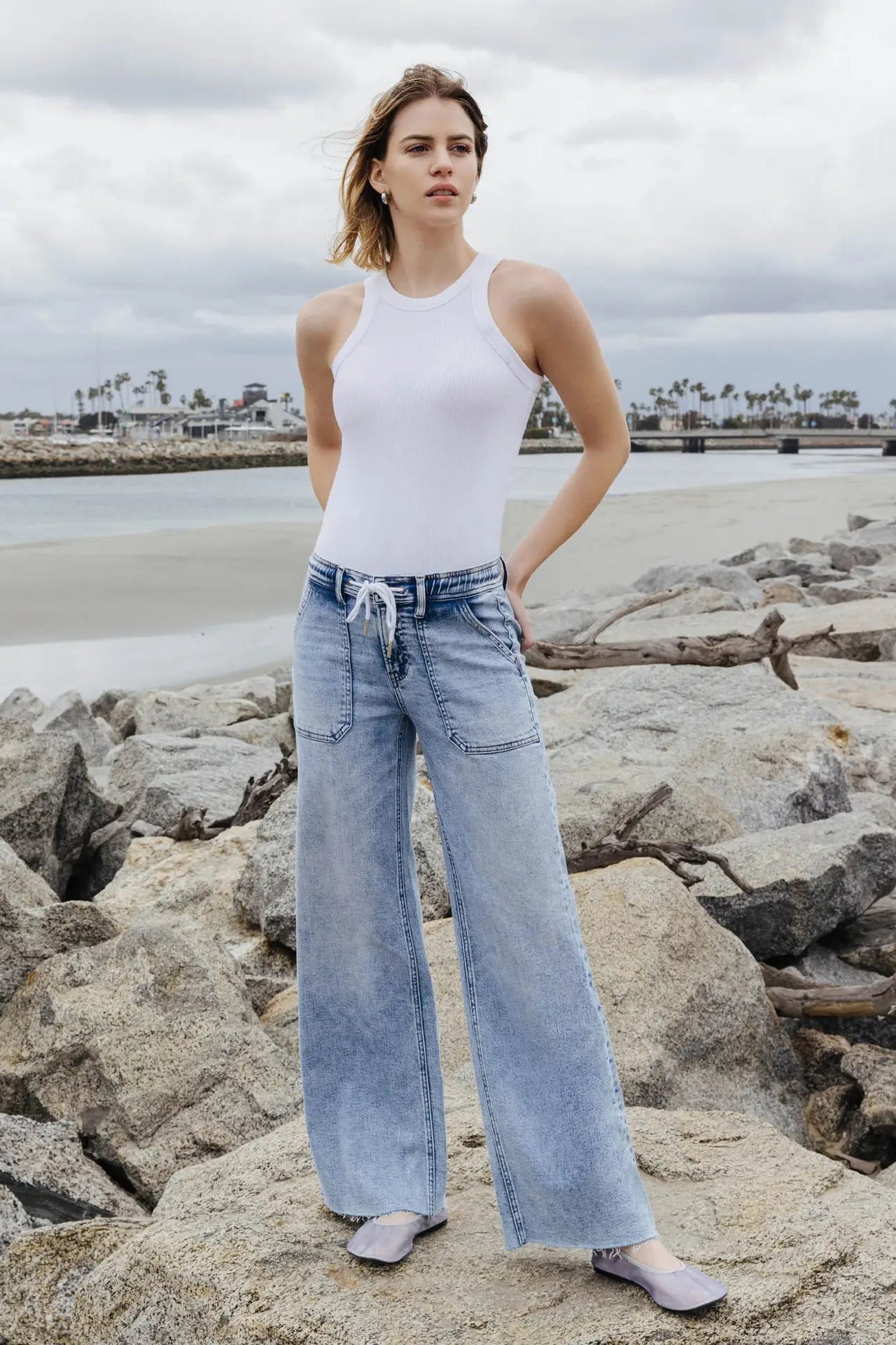 High Rise Drawstring Waistband Wide Leg Jeans