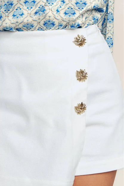 close up of button on white skort