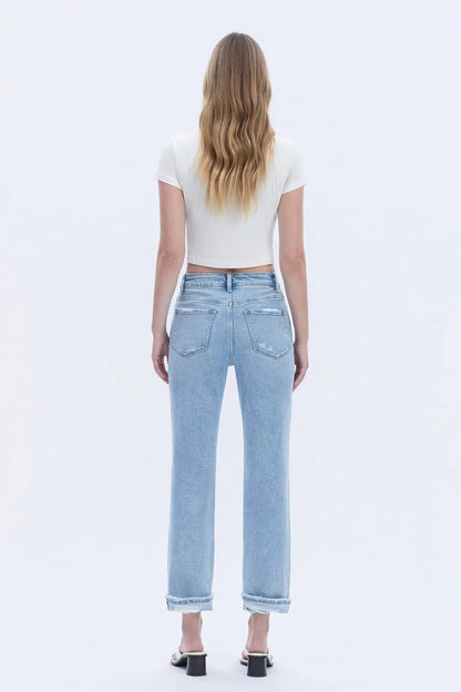 High Rise Double Cuffed Crop Straight Jeans