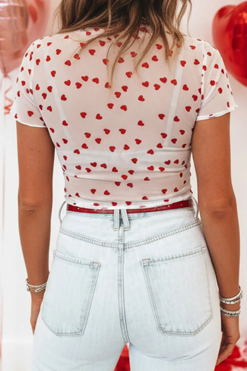 Heart Print Mesh Short Sleeve Top