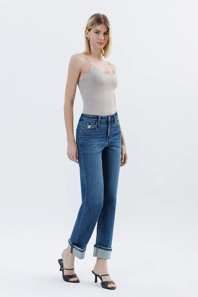 High Rise Cuffed Straight Jeans