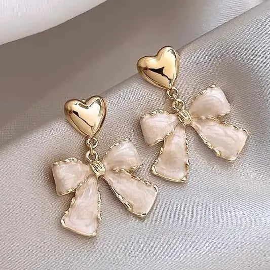 Bow Gold Heart Drop Earrings