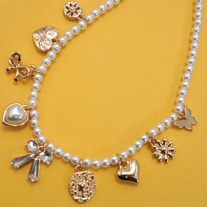 Charm Necklace-Bow Sunflower Heart Pearl Chain