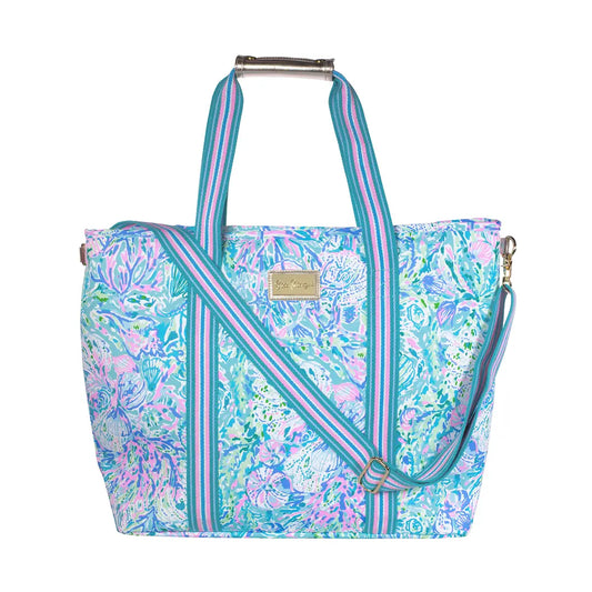 Floral patterned tote bag with a strap on a white background