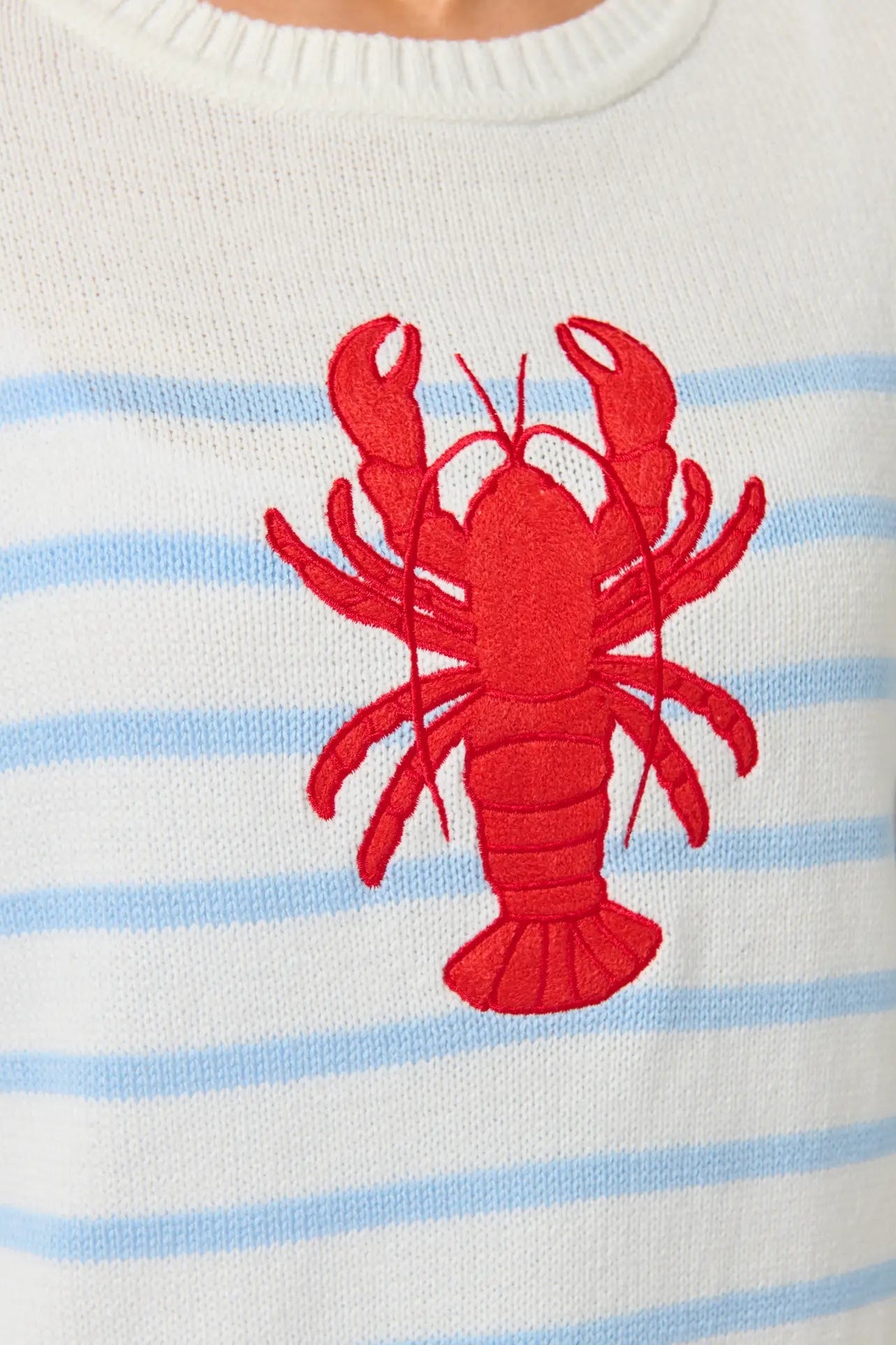 White sweater with blue stripes and a red lobster design on a white background