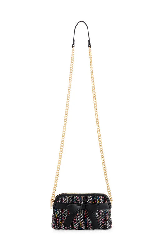 A small black shoulder bag with a multicolor woven pattern, featuring a black leather strap and a gold-tone chain strap.