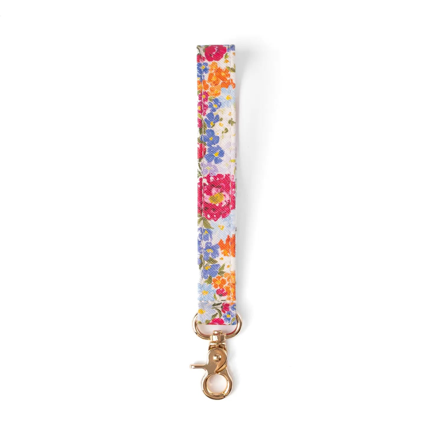 A floral wristlet strap with a gold-tone lobster clasp, featuring a vibrant pattern of red, orange, blue, and yellow flowers on a white background.