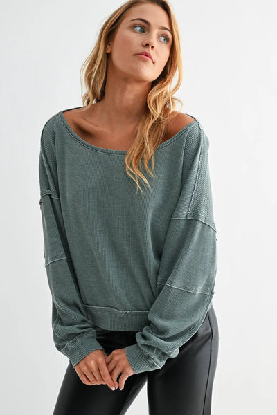 Raw Edge Waffle Knit Boatneck Pullover