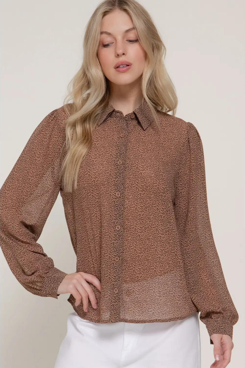 woman in printed blouse
