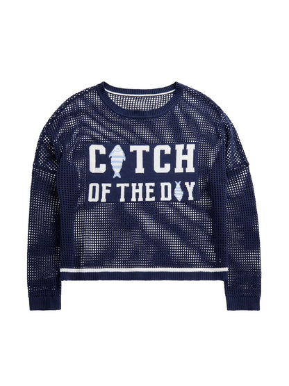 Navy blue mesh sweatshirt with 'Catch of the Day' text and fish icons on a white background