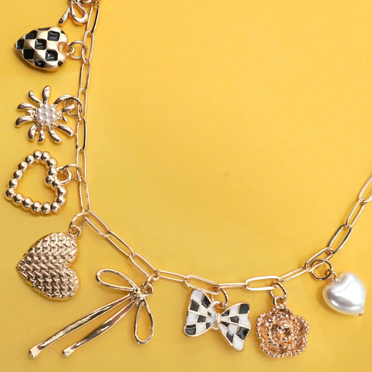 Charm Necklace-Bow Checker Heart Floral