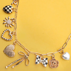 Charm Necklace-Bow Checker Heart Floral