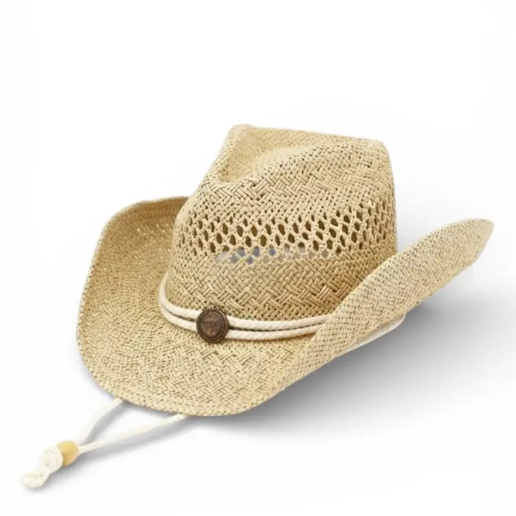 Straw cowboy hat with a band and button on a white background